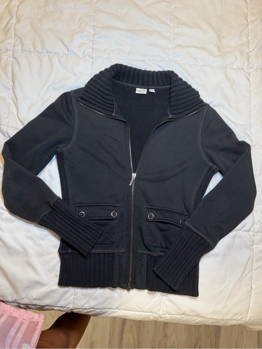 Esprit Black Ribbed-Collar Zip Sweater Jacket
